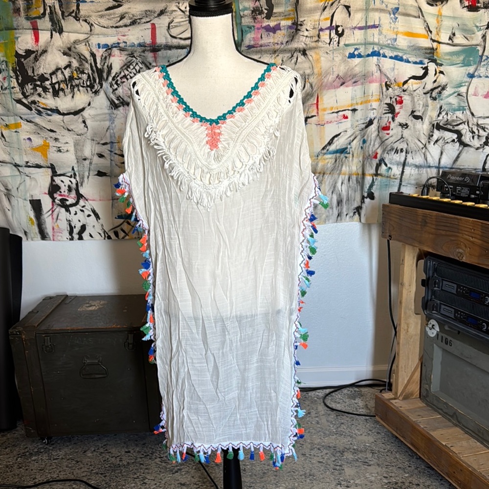 NWT White Tassel Crochet Trim Beach Swim Dress Coverup